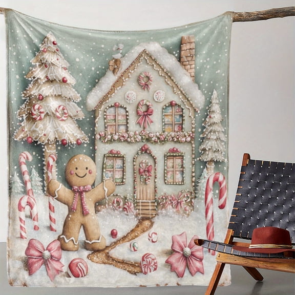 Cozy Flannel Christmas Blanket with Gingerbread for Man, Candy House & Tree Design - Soft, Warm Throw for Sofa, Bed, Car, Office, Camping - Versatile All-Season Gift, Best for Christmas