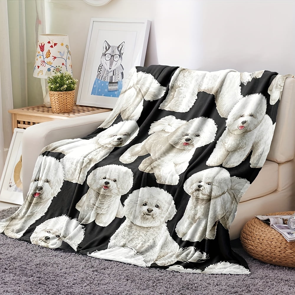 Cozy Flannel Dog Print Blanket Soft Warm Reversible Design with Adorable White Teddy Dog Patterns Perfect for Sofa Bedroom Travel & All Seasons Ideal Gift for Dog Lovers