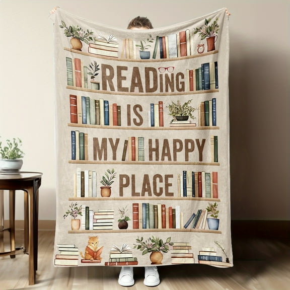 Cozy Flannel Fleece Throw Blanket for Book Lovers - "Reading is My Happy Place" Design with Books, Potted Plants & Cats - Perfect Gift for Birthdays, Christmas, Graduation - Soft, Warm Sofa, Bed, Off