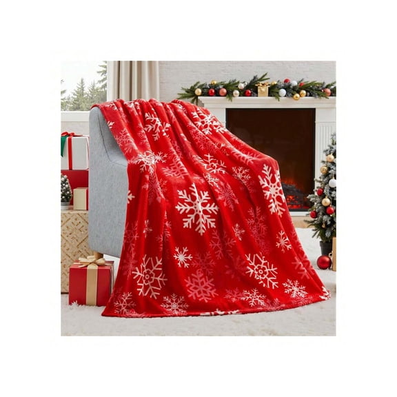 Cozy Flannel Throw Blanket 50x60 Red Snowflake - Soft Warm Plush Holiday Decorative Couch Blanket for Naps, Lounge, Home & Travel