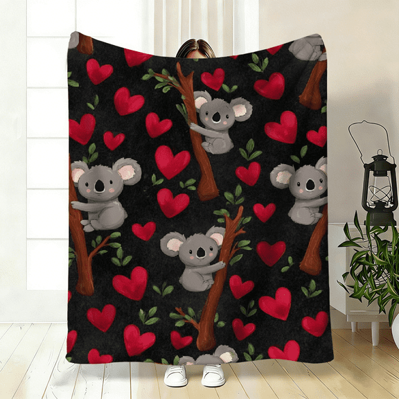 Cozy Flannel Throw Blanket with Adorable Koala Heart Design - Soft Plush Texture, Breathable Polyester, All-Season Lightweight Durable - Black with Grey Koalas Red Hearts, Contemporary Bedding Gift