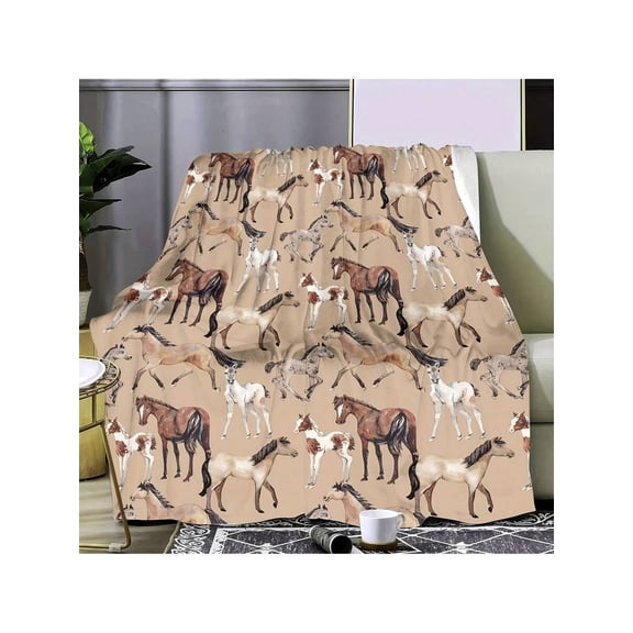 Cozy Flannel Throw Blanket with Elegant , White & Black Horse Pattern - Soft Polyester, Warm Lightweight Blanket for Bed & Sofa, Machine Washable, Perfect Gift