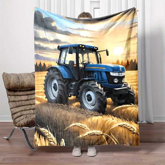 Cozy Flannel Throw Blanket with Farm Tractor Print Soft Reversible All Season Nap Blanket for Couch Bed Office and Travel Perfect Gift for Family and Friends