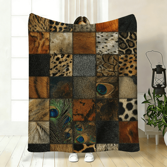 Cozy Flannel Throw Blanket with Leopard Print Animal Soft Warm All-Season Luxury Bedspread for Couch, Bed, Car, Camping Contemporary Style in Black White Brown Beige Polyester