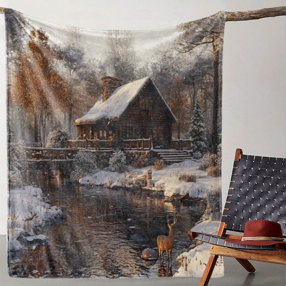 Cozy Flannel Throw Blanket with Forest Cabin & Elk Print - Soft, Warm, and Versatile for Couch, Bed, Car, Office, Camping - All-Season Gift Idea