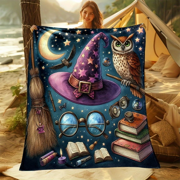Cozy Flannel Throw Blanket with Magic Hat & Owl Print - Soft, Reversible, All-Season Gift for Family and Friends