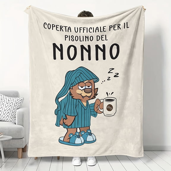 Cozy Flannel Throw Blanket with Sleep & Coffee Design - Geometric Pattern, All-Season Soft Warmth for Couch, Bed - Machine Washable Home Decor