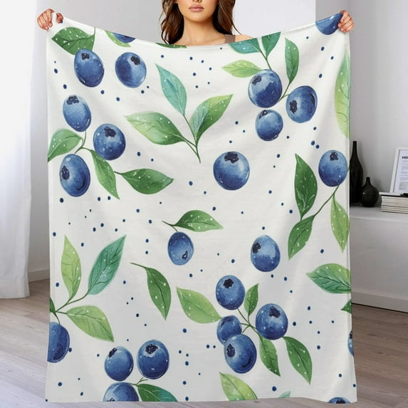 Cozy Flannel Throw Country Blueberries Velvet Flannel Blanket for Winter Bedding Couch And Gift Nature Watercolor Painting Fruit Berries Green Leaves Throw Blanket for Women Men 50"x60"