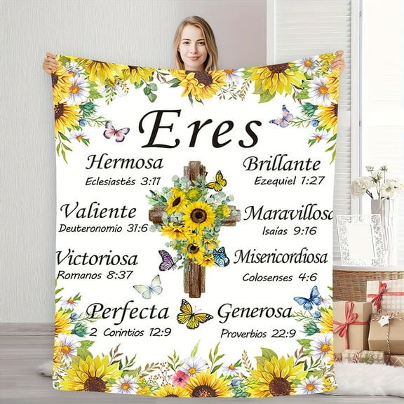 A Cozy Fleece Blanket Decorated with Christian-Themed Sunflowers And Butterfly Elements, Featuring Bible Verses And Uplifting Messages, Serves As a Perfect Home Accessory
