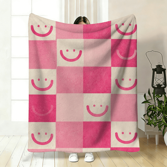A Cozy Fleece Blanket Featuring a Smiley Face Pattern, Soft High-Definition Digital Printing, Designed with Pink Checkers, Suitable for All Seasons As a Gift for Family And Friends Machine Washable.