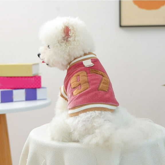 Cozy Fleece Dog Jacket with Number 97 Design, Soft Warm Pet Sweater with D-Ring for Leash, Pink and Brown, Small Dogs