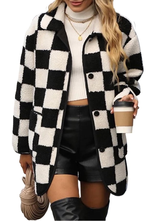 Cozy Fleece Jacket with Checkered Pattern and Side Pockets | [ZhiHiMeRi] | (US 16-18)XL