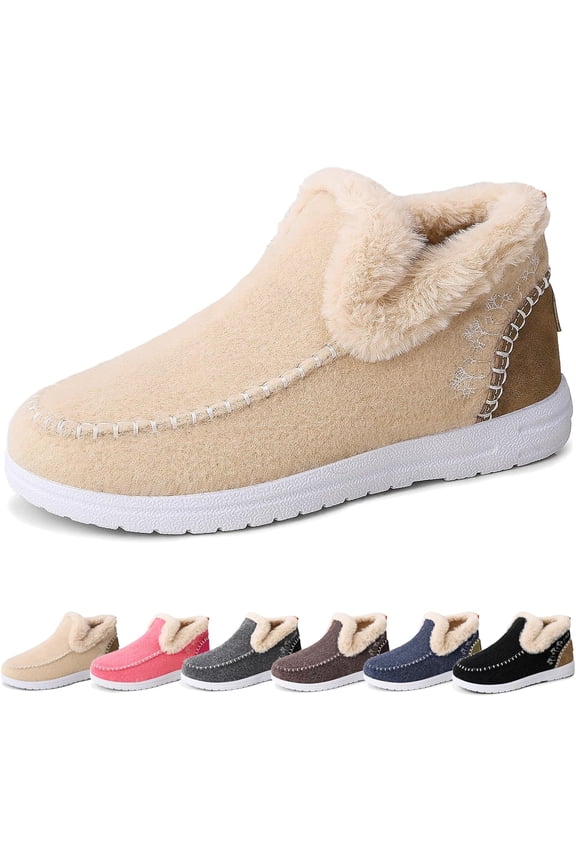 Cozy Fleece Slip-On Boots for Women, Winter Warm Plush Lined Non-Slip Flat Shoes, Fur Lined Indoor Outdoor Casual Loafer Boots