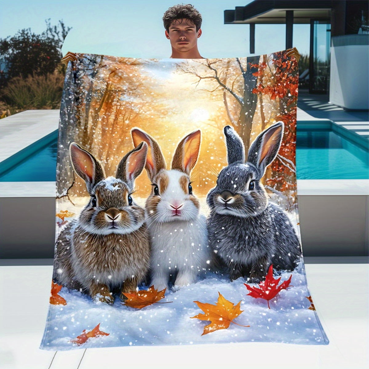 Cozy Fleece Throw Blanket with Adorable Rabbits in Snow Scene Soft Warm ...