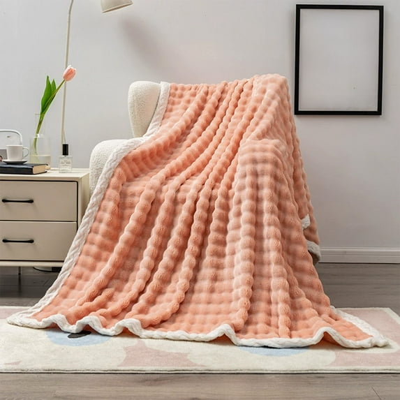 Cozy Fleece Throw Blanket, Soft Warm Fluffy Cream Solid Color Blanket, Striped Decorative Couch Blanket for Home, Travel, Gifting
