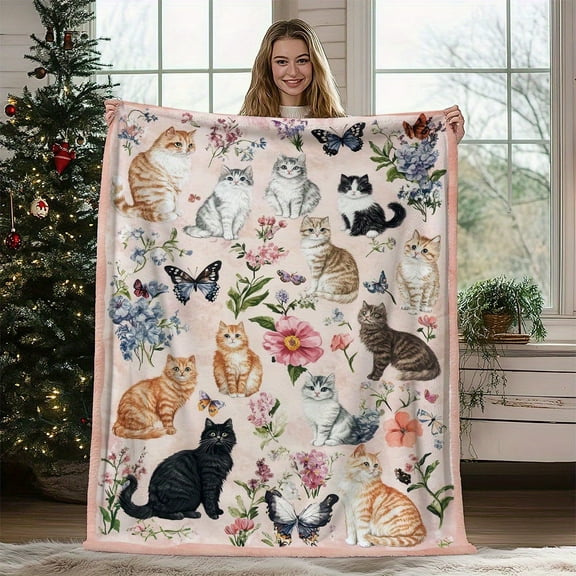 Cozy Fleece Throw Blanket with Cats & Floral Pattern, Warm Soft Blanket for Couch Bed Living Room, All Year Comfort, Perfect Gift
