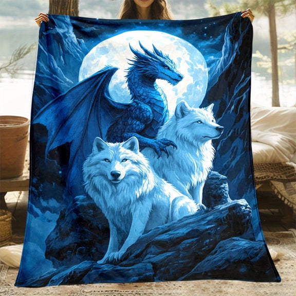 Cozy Fleece Throw Soft Digital Print Dragon And Wolf Fleece Throw Blanket Lightweight Cozy for Sofa Bed Travel Office Ideal Gift for Family And Friends RV Bedding