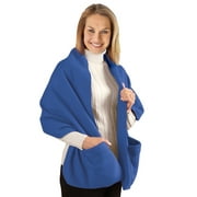 Cozy Fleece Wrap Shawl With Large Front Pockets - Keeps Hands and Shoulders Warm During Cold Winter Season, Royal Blue