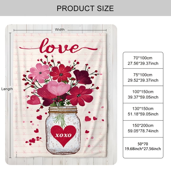 Cozy Floral Blanket with Mason Jar & XOXO Heart, Soft Flannel Bedspread Throw, Warm All-Season Bedding for Valentine's Day Decor in Neutral Tones