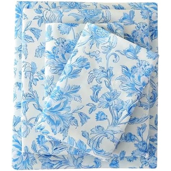 Cozy Floral Microfiber Printed Full Sheet Set - Soft & Breathable Percale Blue Floral Bed Sheets with Extra Deep Pocket - Non-Slip Fitted Design - Beige Blue Flower Pattern - Full