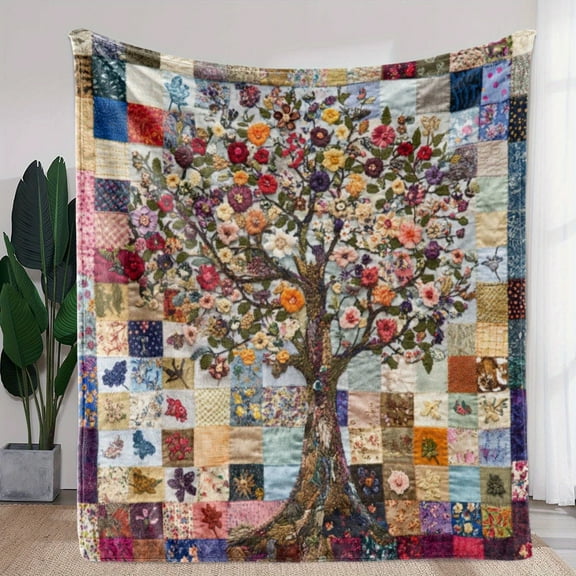 Cozy Floral Patchwork Flannel Quilt - Vintage Bird & Flower Throw Blanket for Sofa, Bed, Travel, All-Season Soft Fleece Blanket, Home Decor
