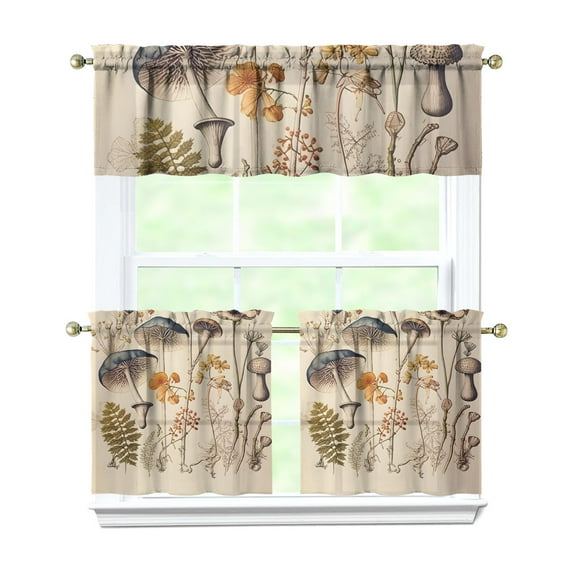 Cozy Forest Mushroom Curtains 3pcs Set 27.5x24in, Polyester Botanical Tier Panels and Valance, Rustic Kitchen Window Treatment for Fall and Thanksgiving