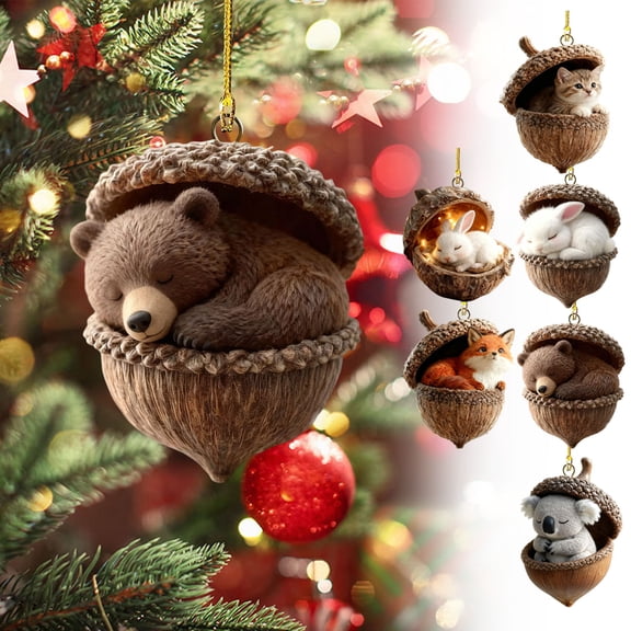 Cozy Forest Pine Cone Ornaments – Animal Shaped Christmas Tree Hanging Decorations, 2D Acrylic Woodland Creature Ornaments