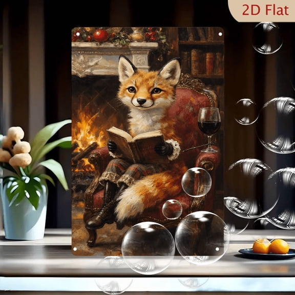 Cozy Fox Reading by Fireplace Wall Art, 8x12 inch Metal Tin Sign, Vintage Red Fox in Plaid Trousers with Wine and Books, Warm Holiday Decor for Home Office Living Room