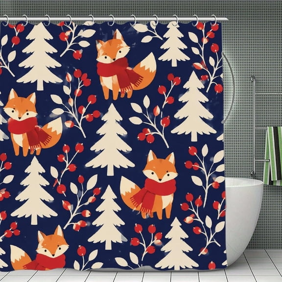 Cozy Foxes In Snowy Forest Pattern Print Shower Curtain,Cloth Fabric Waterproof Polyester Bathroom Home Decor Set with Hooks 70.8×70.8Inch