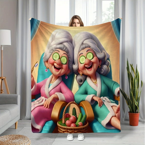 Cozy Friendship-Themed Flannel Blanket with Laughing Grandma Print Soft Warm & Cute for Sofa Bed Camping Perfect Holiday Gift Home Decor