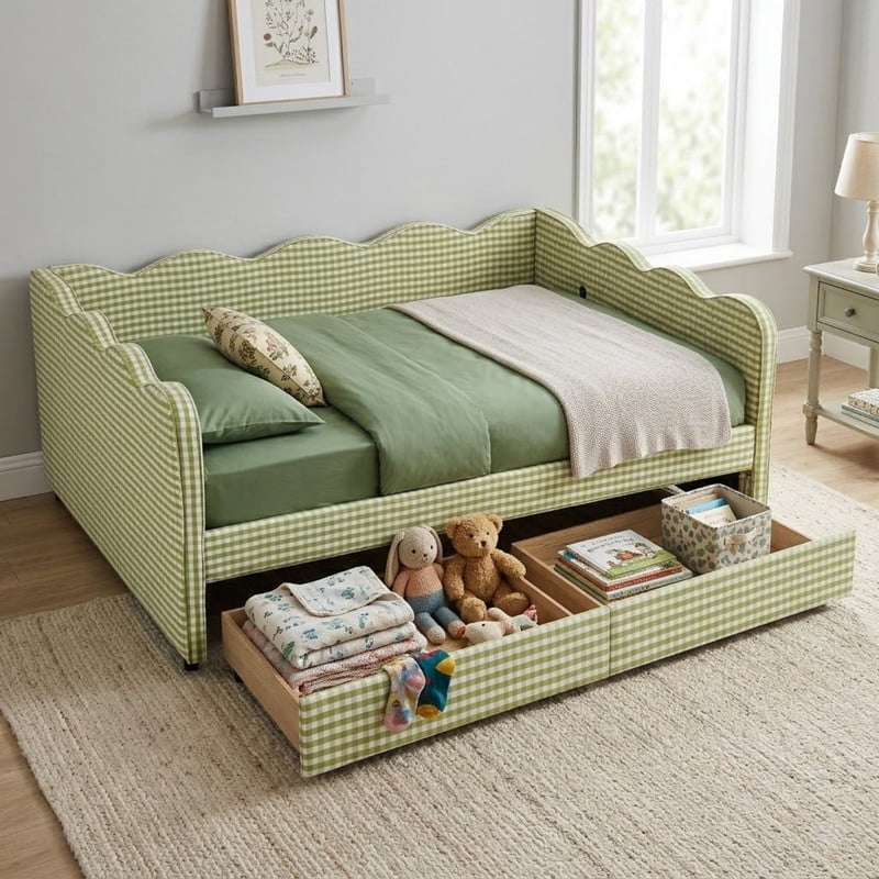 Cozy Full Size Daybed with 2 Storage Drawers and USB Charging Port, Linen Gingham Wave Shaped Sofa Bed for Living Room and Bedroom