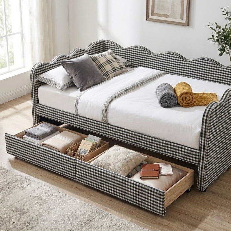 Cozy Full Size Daybed with 2 Storage Drawers and USB Charging Port, Linen Gingham Wave Shaped Sofa Bed for Living Room and Bedroom
