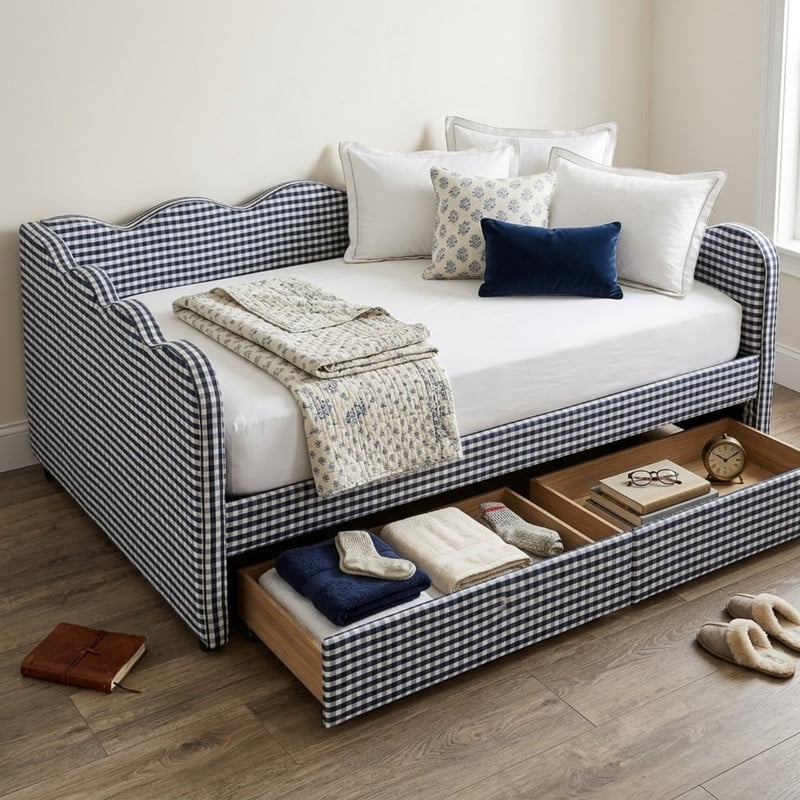 Cozy Full Size Daybed with 2 Storage Drawers and USB Charging Port, Linen Gingham Wave Shaped Sofa Bed for Living Room and Bedroom