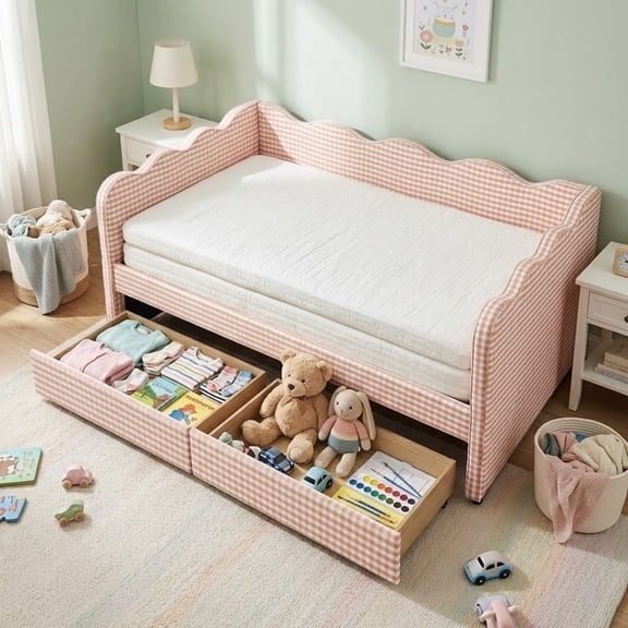 Cozy Full Size Daybed with 2 Storage Drawers and USB Charging Port, Linen Gingham Wave Shaped Sofa Bed for Living Room and Bedroom
