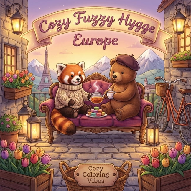 Cozy Fuzzy Hygge World Travel for Stress Cozy Fuzzy Hygge Europe: Easy Bold Line Cute Animal Coloring Book for Adults Cafes, Retreats, Stress Relief, Canal & Fun, (Paperback)