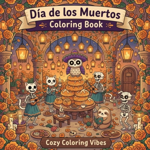 Cozy Fuzzy Hygge World Travel for Stress Dia de los Muertos Coloring Book: Cute Day of the Dead Calavera Animals, Adorable Skeletons, Sugar Skulls & Festive Food, (Paperback)
