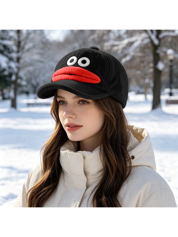 Cozy Fuzzy Plush Big Mouth Monster Baseball Cap, Unique 3D Cartoon Monster Novelty Hat, Unisex Adjustable Soft Warm Baseball Hat for Men Women Weekend Casual Wear