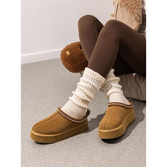 Cozy Fuzzy Womens Suede Leather Platform Slippers - Short Ankle Boots with Anti-Slip Sole, Warm Winter Footwear for Indoor & Outdoor Use, 1.57 Inch Heel Height, Gift Idea, Comfortable Design