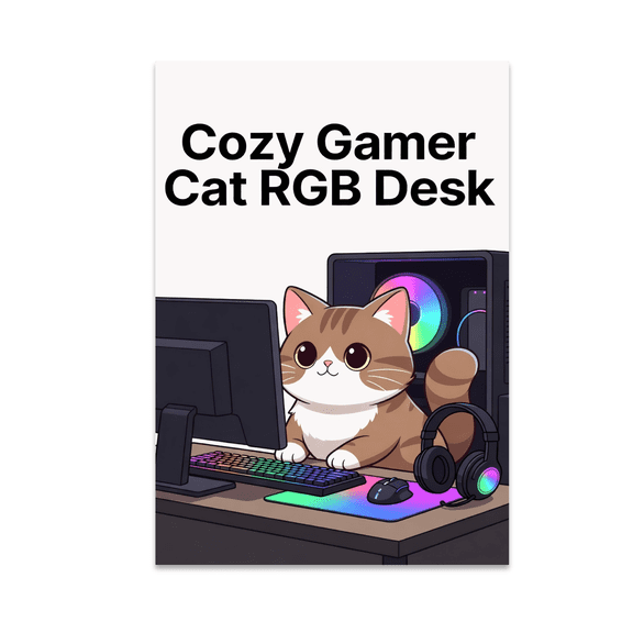 Cozy Gamer Cat RGB Desk Scene - Gamer Cat Enthusiast - 13x19 Poster Print