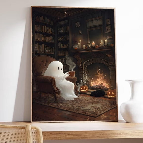Cozy Ghost Art Poster Spooky Library Fireplace Scene Poster, UNFRAMED PAPER POSTER
