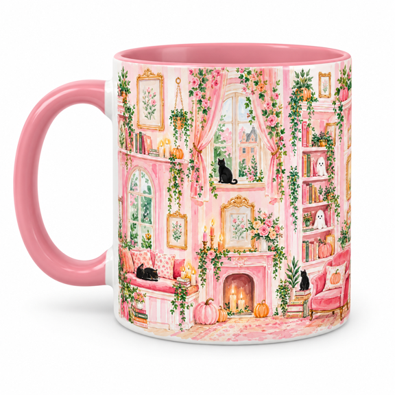 Cozy Ghost Cat Reading Nook Accent Mug 11oz Pink Halloween Coffee Cup