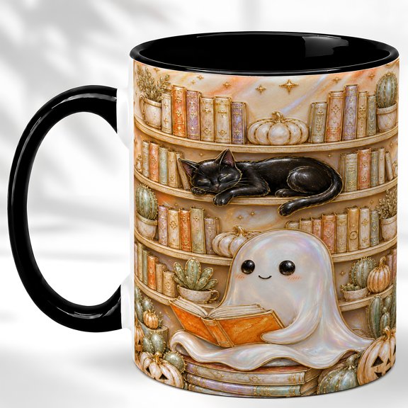 Cozy Ghost Coffee Mug, Library Cat Mug, Ceramic 11 oz