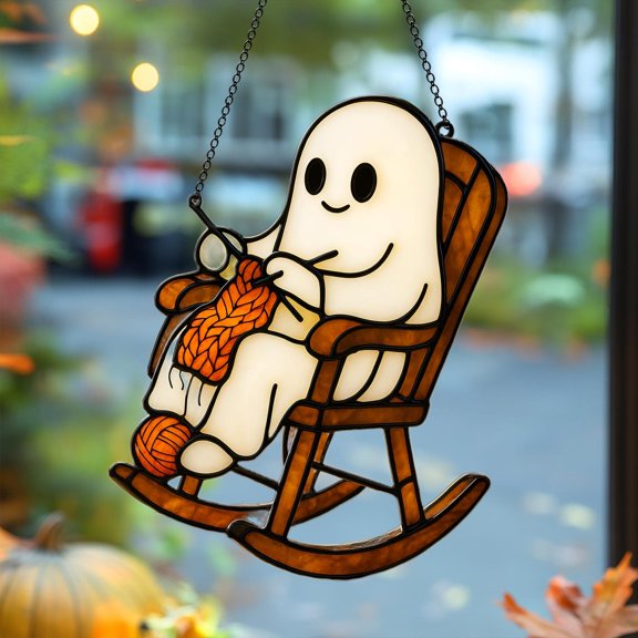 Cozy Ghost Knitting Acrylic Suncatcher, Cute Halloween Faux Stained Glass Window Hanging, Spooky Crochet Lover Gift