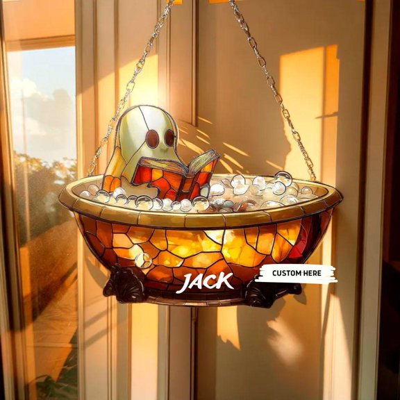 Cozy Ghost Reading Bubble Bath Bathtub Book Acrylic Suncatcher Window Hanging