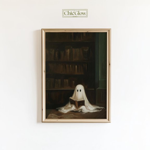 Cozy Ghost Reading Vintage Library Wall Art Home Decor