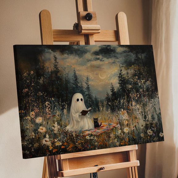 Cozy Ghost Reading Wall Art Print, Spooky Cute And Cat, Autumn Meadow, Cottagecore Halloween Fantasy, Seasonal Living Room And Home Decor