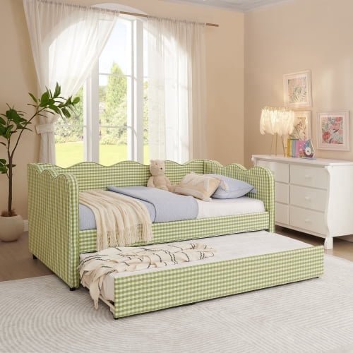 Cozy Gingham Daybed with Trundle Twin Size Sofa Bed No Box Spring Needed, with USB Port and Adorable Wave Shaped, Linen Fabric, Green