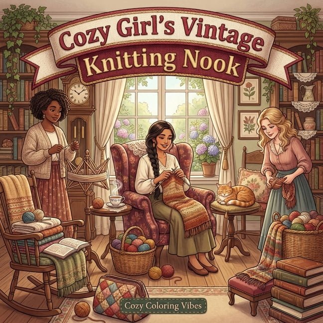 Cozy Girl Collection Cozy Girl's Vintage Knitting Nook: Fun Bold Line Adult Coloring Book Aesthetic Hobby Scenes, Relaxing Daily Moments, Pea, (Paperback)