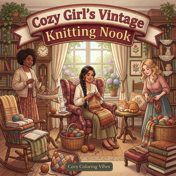 Cozy Girl Collection Cozy Girl's Vintage Knitting Nook: Fun Bold Line Adult Coloring Book Aesthetic Hobby Scenes, Relaxing Daily Moments, Pea, (Paperback)