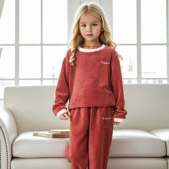 Cozy Girls Flannel Outfit Set Soft Fuzzy Sweatshirt and Pants Warm Homewear Ideal for Winter Comfort and Style